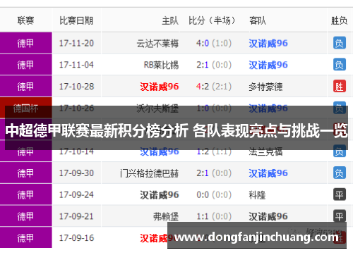 中超德甲联赛最新积分榜分析 各队表现亮点与挑战一览