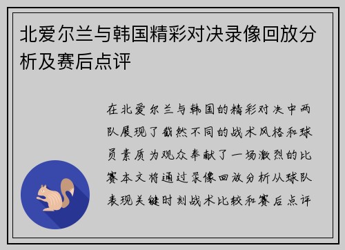 北爱尔兰与韩国精彩对决录像回放分析及赛后点评